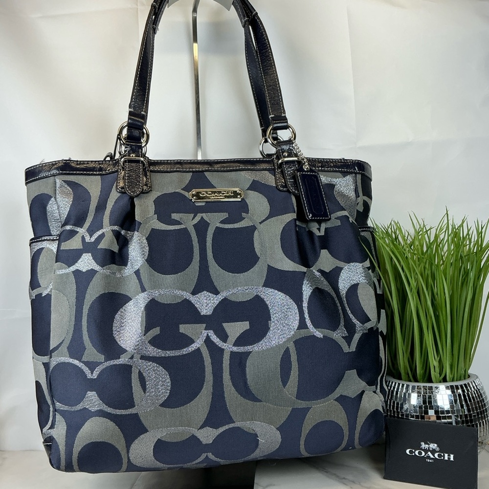 Coach Y2K Optic Art Signature Navy Blue‎ Silver Metallic Tote Shoulder Bag - Picture 2 of 15